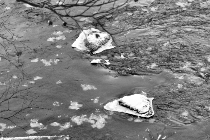 Ice floating in River Dee, Aboyne, Scotland